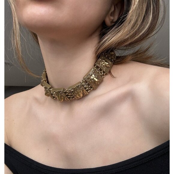 Anne Klein Couture Vintage Lion Link Choker Chunky Necklace Brushed Gold - Picture 3 of 8